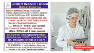 Jubilant Generics Limited Walk-In Interview for Production, Packing & Packing Job Roles