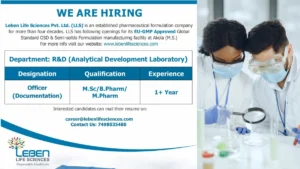 Leben Life Sciences is Hiring for R&D Job Role on 27th July