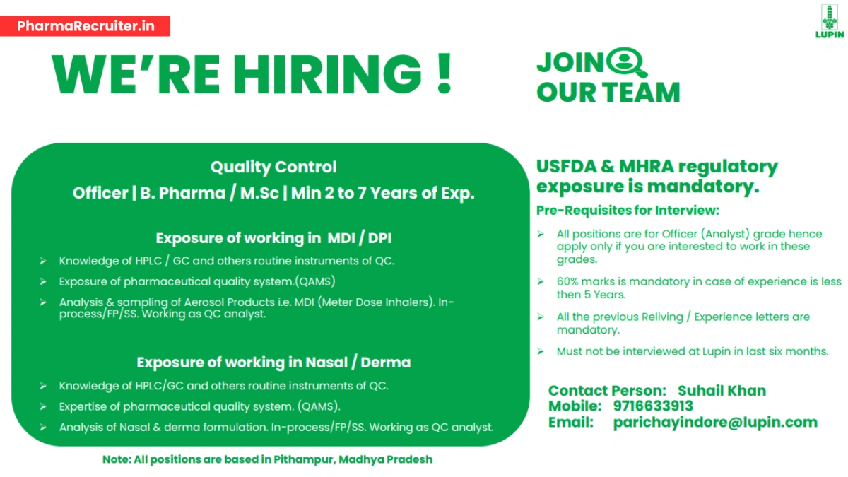 Lupin Limited is Hiring for Quality Control Officer in Pithampur, Madhya Pradesh
