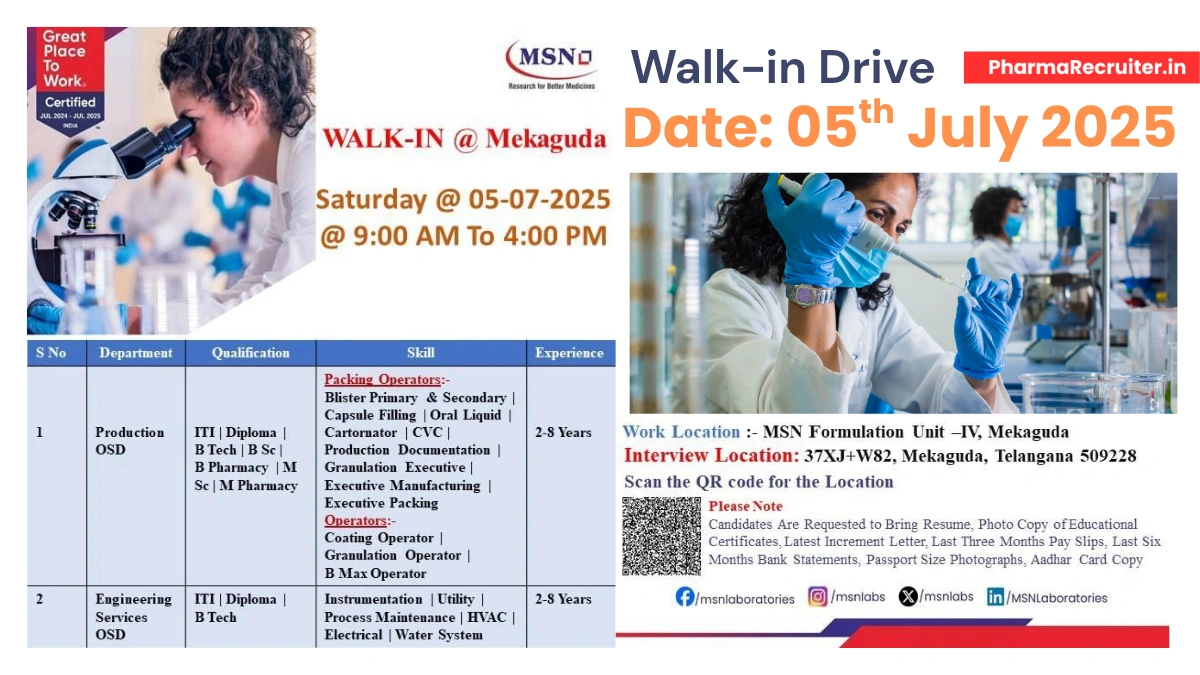 MSN Laboratories Walk-In Drive for Production & Engineering Services OSD - 5th July 2025