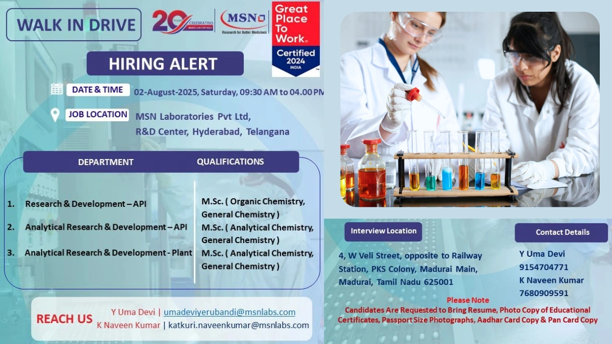 MSN Laboratories Walk-In Drive for R&D Job Roles on 2nd August