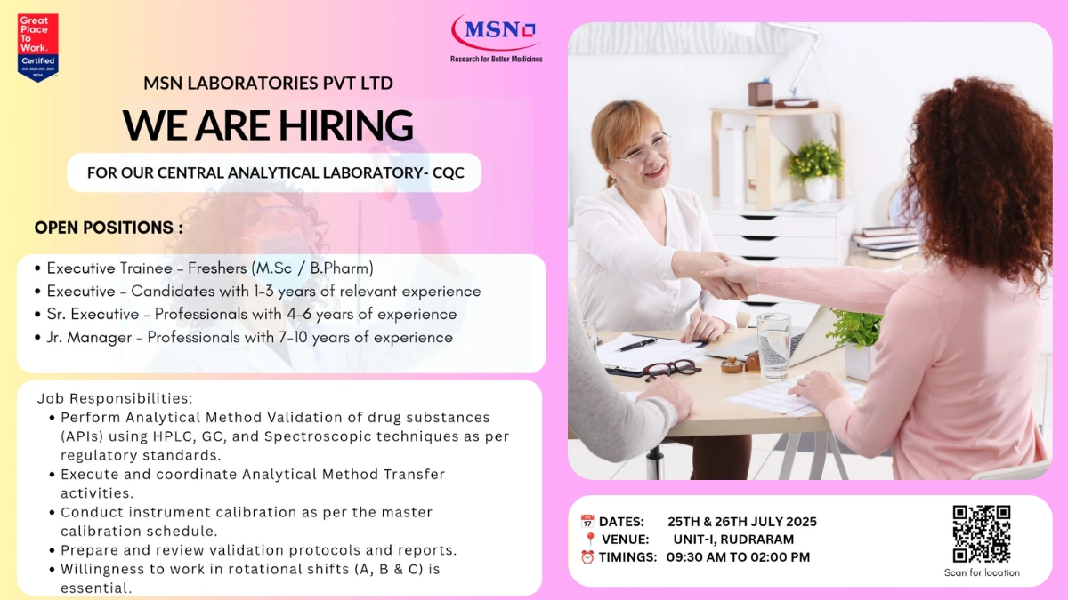 MSN Laboratories is Hiring Freshers for Central Analytical Laboratory (CQC)