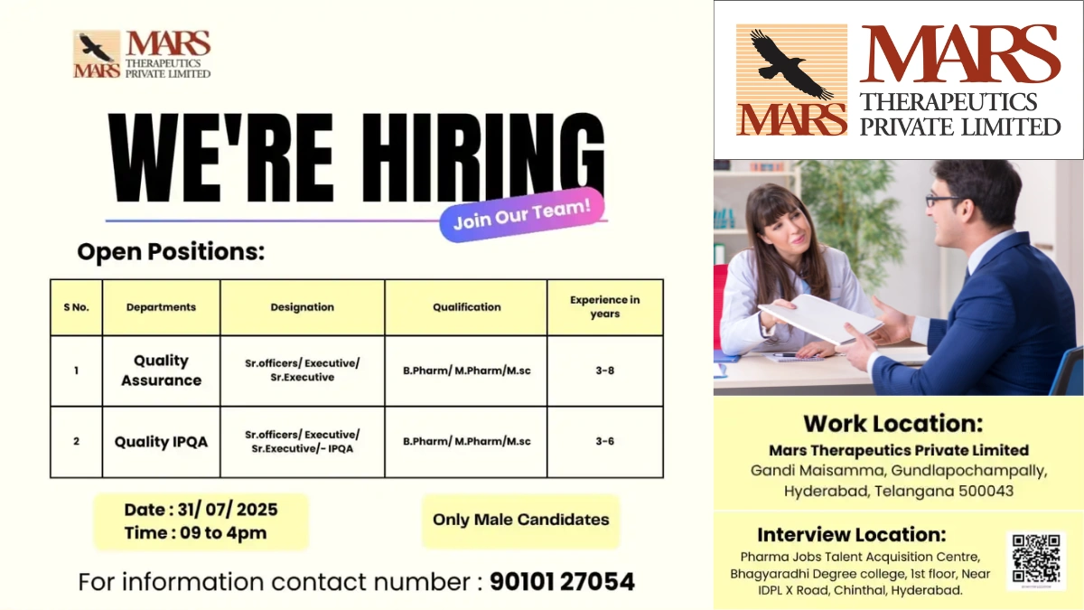 Mars Therapeutics - Walk-In Interviews for Quality Assurance Roles on 31st July