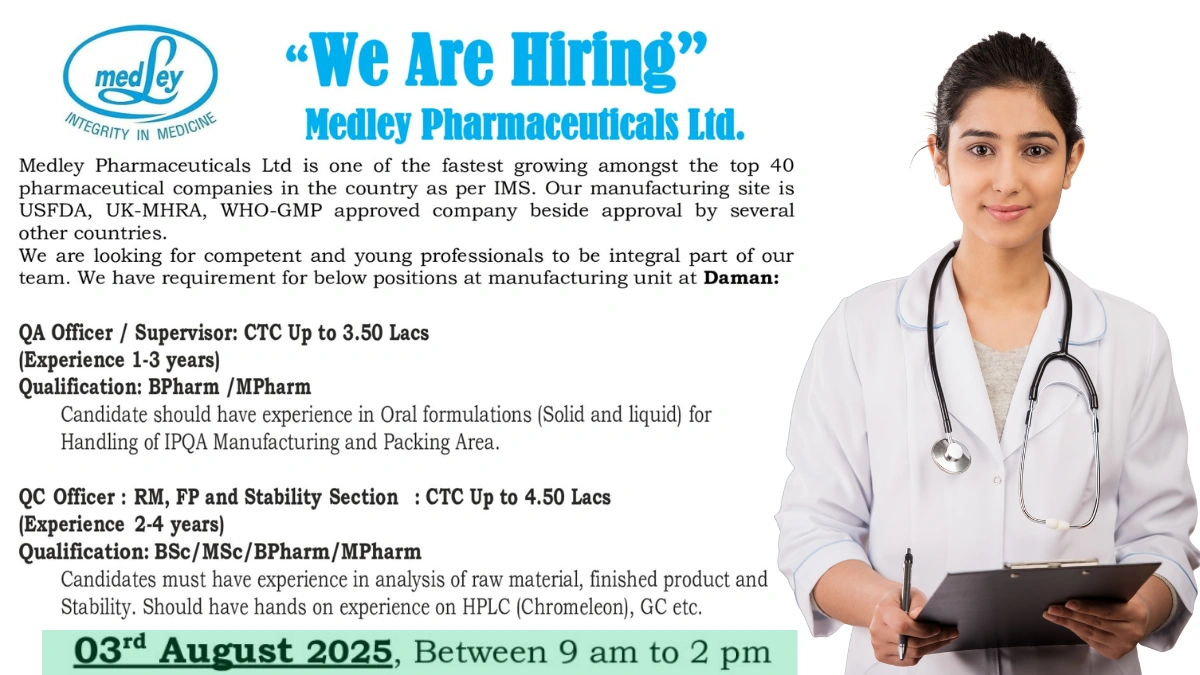 Medley Pharmaceuticals Walk-In Interview for Quality Control and Quality Assurance on 3rd August