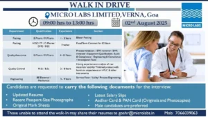 Micro Labs Limited - Hiring for QA, QC, Packing and Engineering Roles