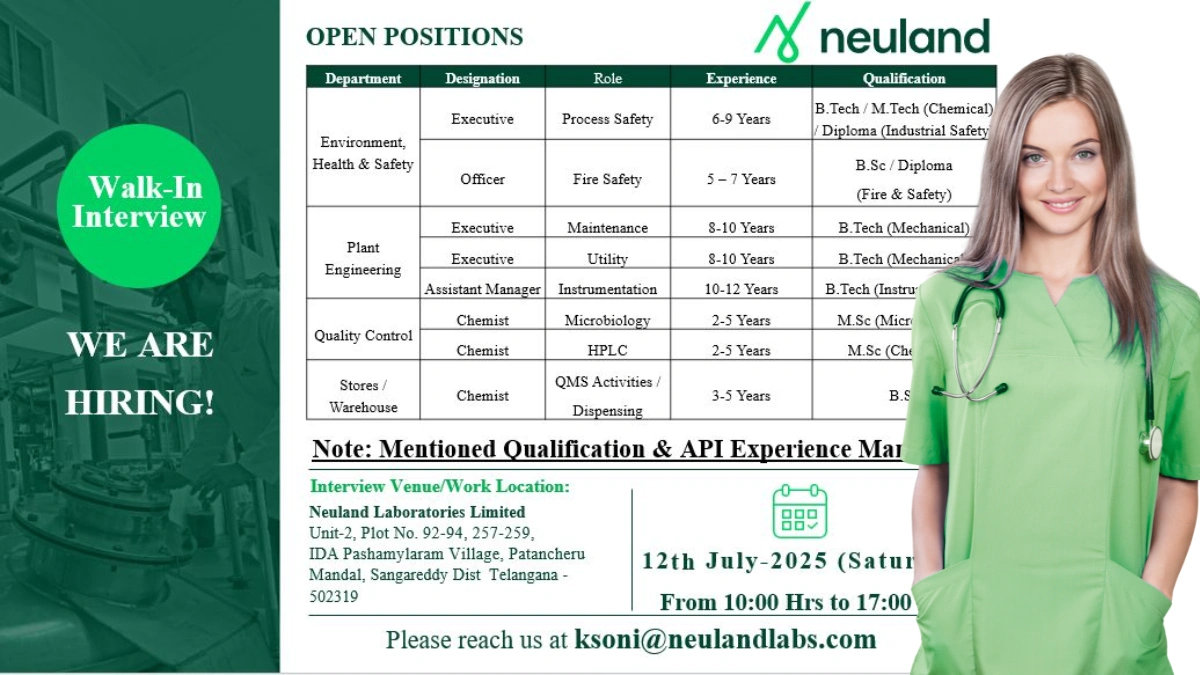 Neuland Laboratories Walk-In Interview for Exciting Roles in Telangana