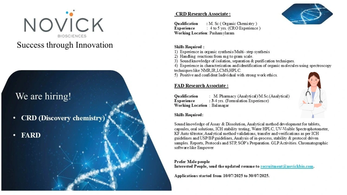 Novick Biosciences Walk-In Interview for CRD and FAD Research Associate Roles