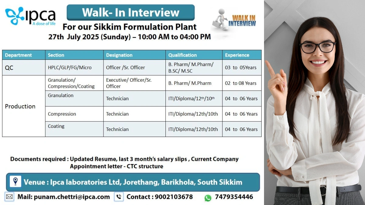 On 27th July @ Ipca Laboratories Walk-In Interview for Quality Control & Production Roles in Sikkim Formulation Plant