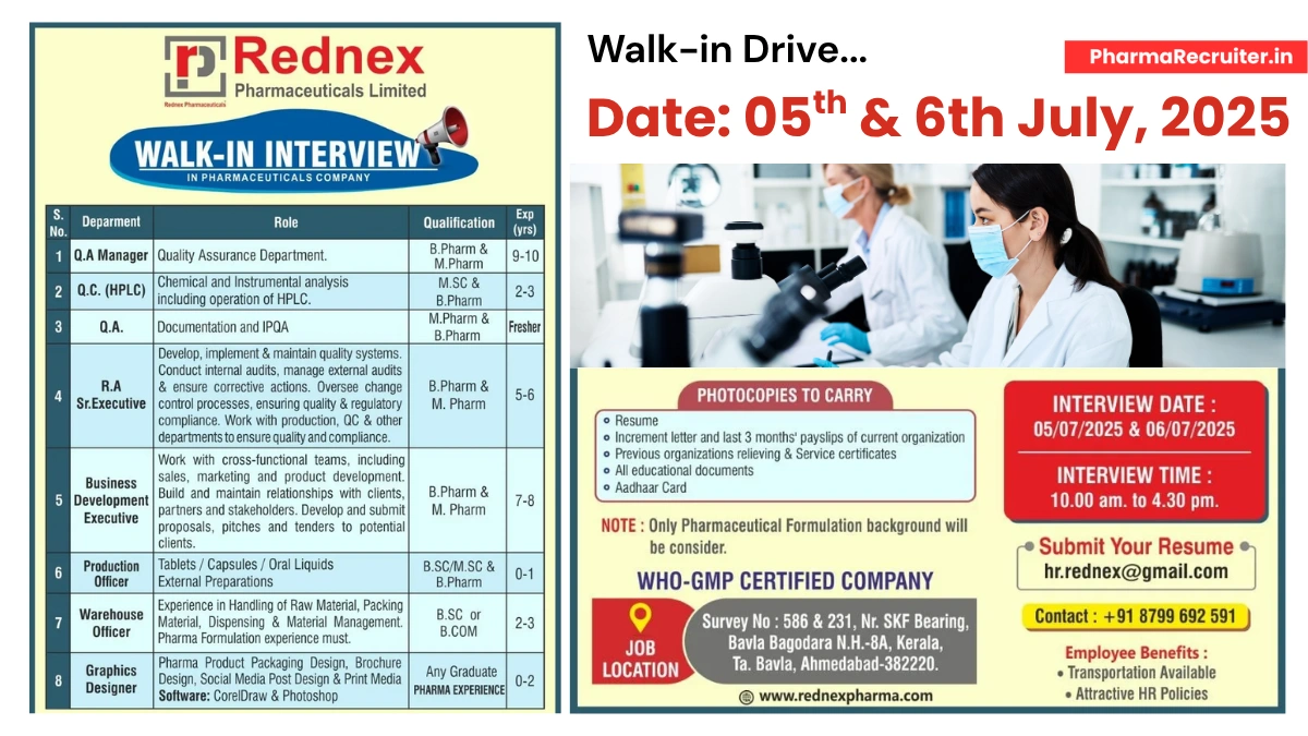 Rednex Pharmaceuticals Walk-In Interview – Hiring for Multiple Roles (5th & 6th July 2025)