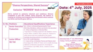 SRF Limited - Exclusive Women Walk-In Drive for Senior Executive Production and Junior Officer QC & QA – July 4, 2025