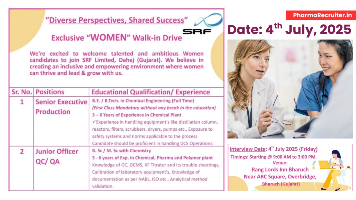 SRF Limited - Exclusive Women Walk-In Drive for Senior Executive Production and Junior Officer QC & QA – July 4, 2025