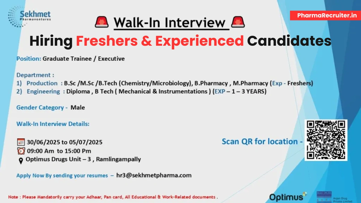Sekhmet Pharmaventures Walk-In Interview for Production and Engineering Roles at Optimus Drugs Unit-3 – July 1st & 5th, 2025