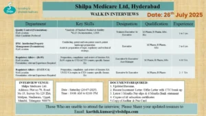 Shilpa Medicare Ltd Walk-In Interview for Quality Control (Formulation), IPM, and Regulatory Affairs on 26th July