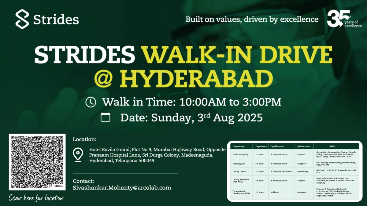 Strides Pharma Walk-In Drive for QA, QC, Production, F&D Packing Roles on 3rd August