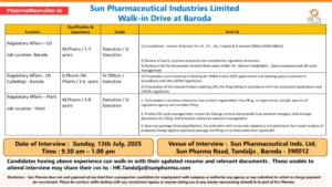 Sun Pharmaceutical Industries Walk-in Drive for Regulatory Affairs – Plant roles on 13th July