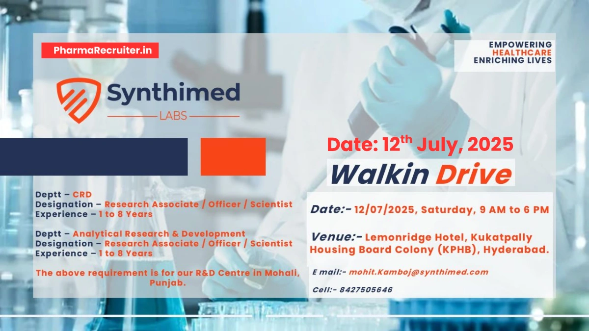 Synthimed Labs Walk-In Drive for CRD and Analytical R&D on 12th July