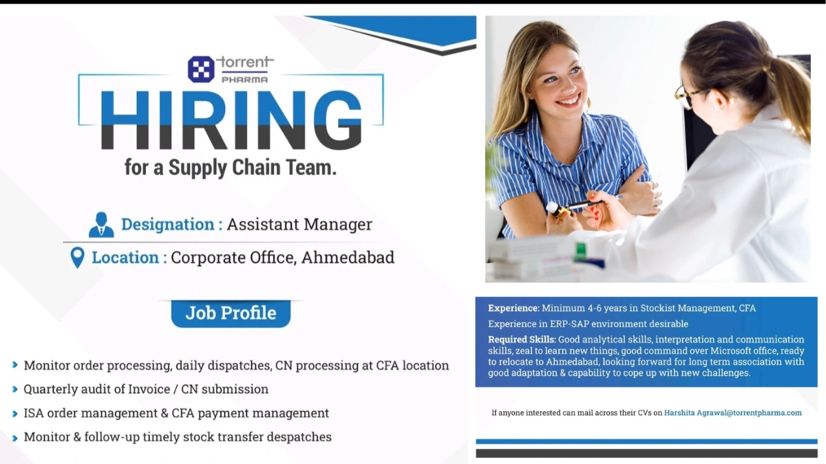 Torrent Pharma Hiring for Assistant Manager Opportunity in Supply Chain