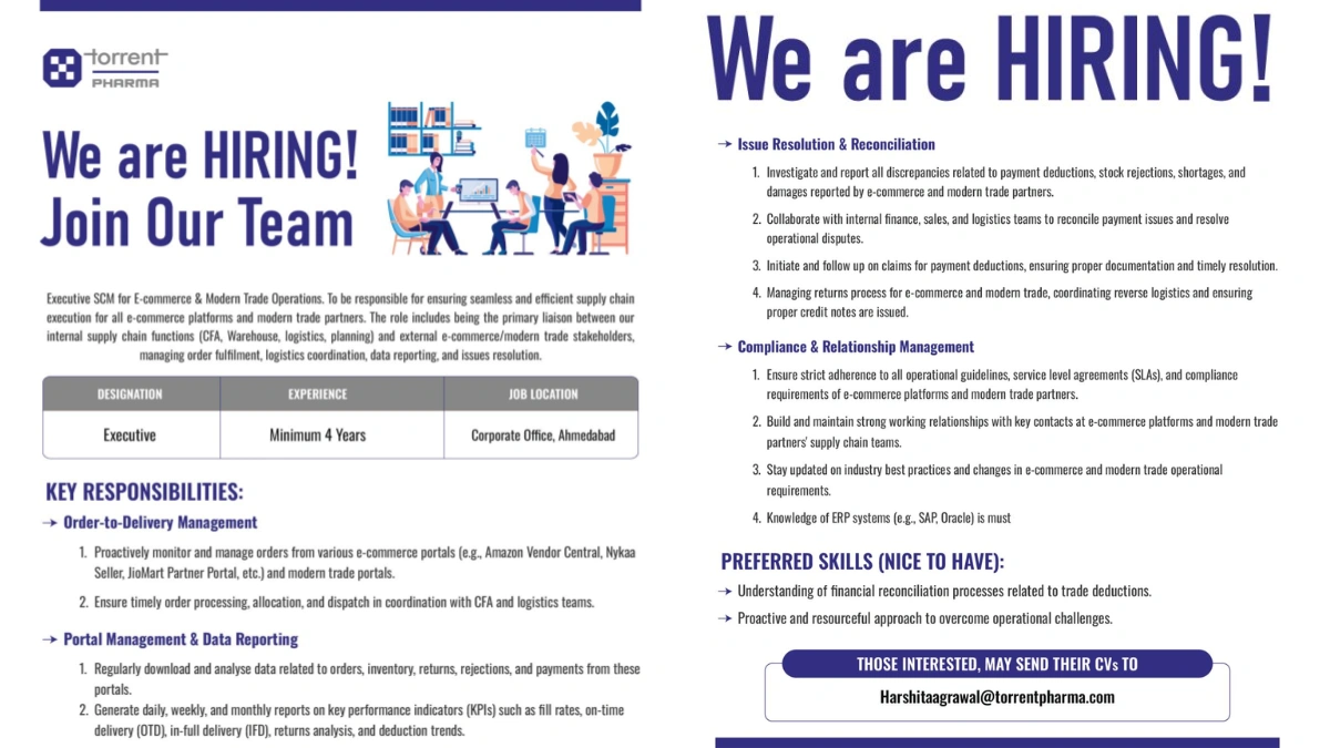 Torrent Pharma is Hiring for Executive SCM for E-Commerce & Modern Trade Operations