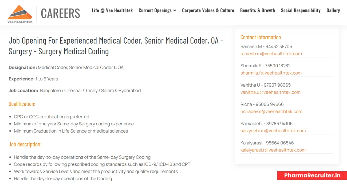 Vee Healthtek is Hiring for Medical Coder, Senior Medical Coder, and QA Opportunities in Same-Day Surgery Coding