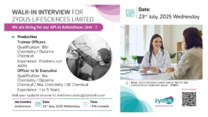 Zydus Lifesciences Walk-In Interview for Production Trainee on 23rd July 2025