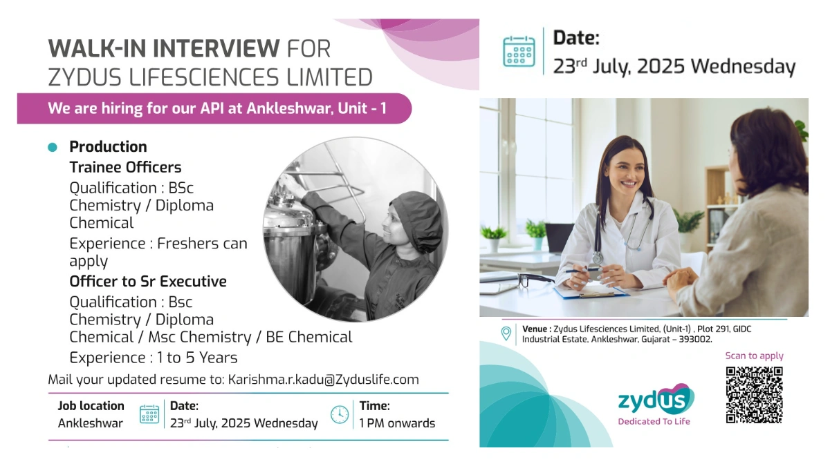 Zydus Lifesciences Walk-In Interview for Production Trainee on 23rd July 2025