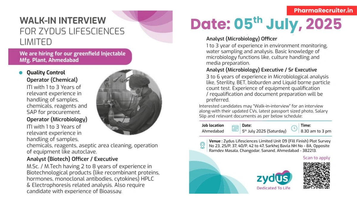Zydus Lifesciences Walk-In Interviews for Injectable Manufacturing Plant on 5th July