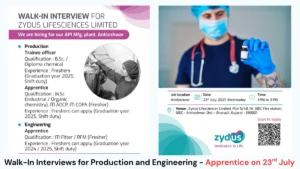 Zydus Lifesciences Walk-In Interviews for Production and Engineering - Apprentice