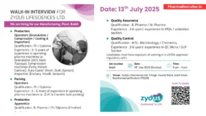 Zydus Lifesciences Walk in Interview for Production, QA and QC on 13th July