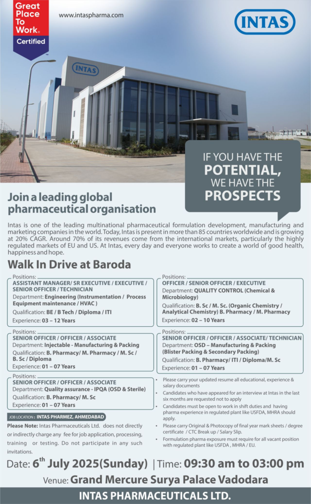 Intas Pharmaceuticals Walk-In Interview for Multiple Roles in Ahmedabad – July 6, 2025