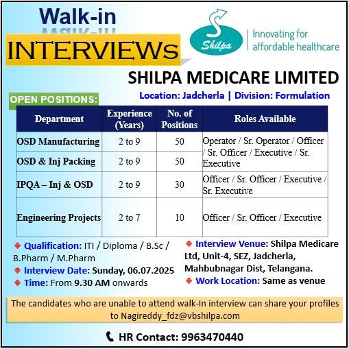 130+ Job Openings @ Shilpa Medicare Limited Walk-In Interview for OSD Manufacturing, Engineering, IPQA Job Roles on 6th July