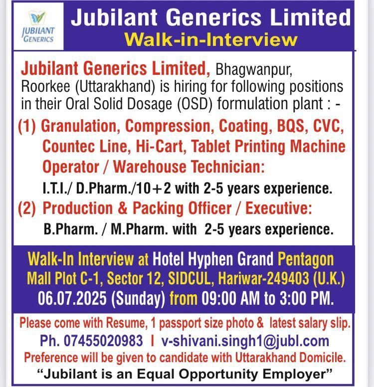 Jubilant Generics Limited Walk-In Interview for Production, Packing & Packing Job Roles on 6th July
