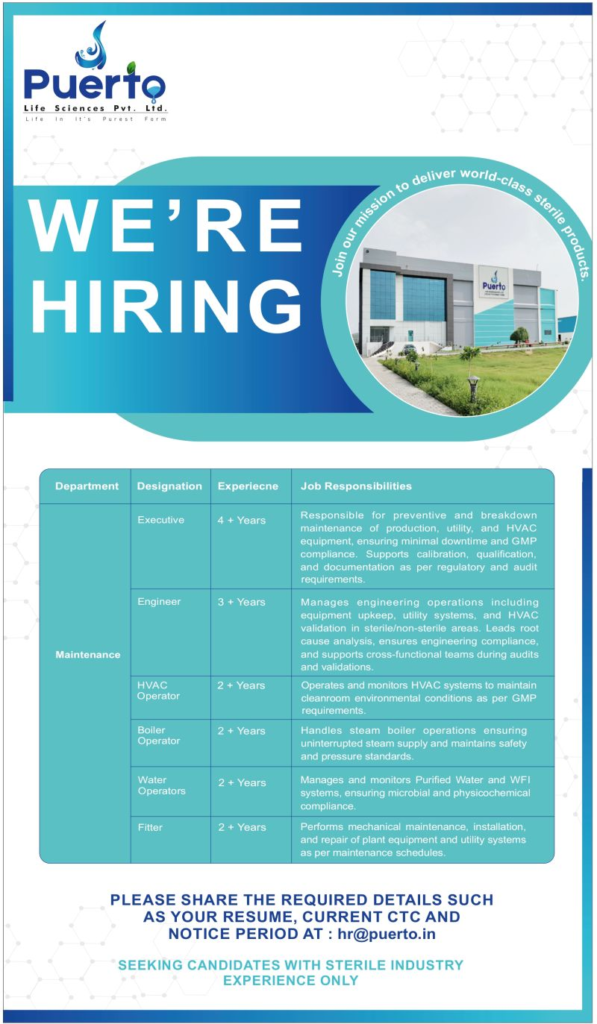 Puerto Life Sciences is Hiring for Sterile Facility