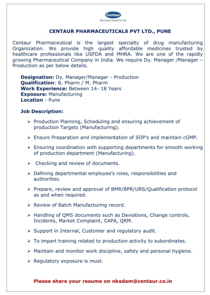 Centaur Pharmaceuticals is Hiring for Dy. Manager/Manager Production