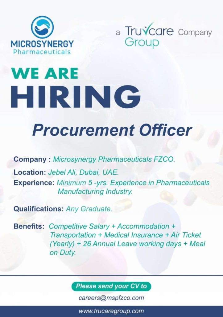 Microsynergy Pharmaceuticals FZCO is Hiring Any Graduate for Procurement Officer Job