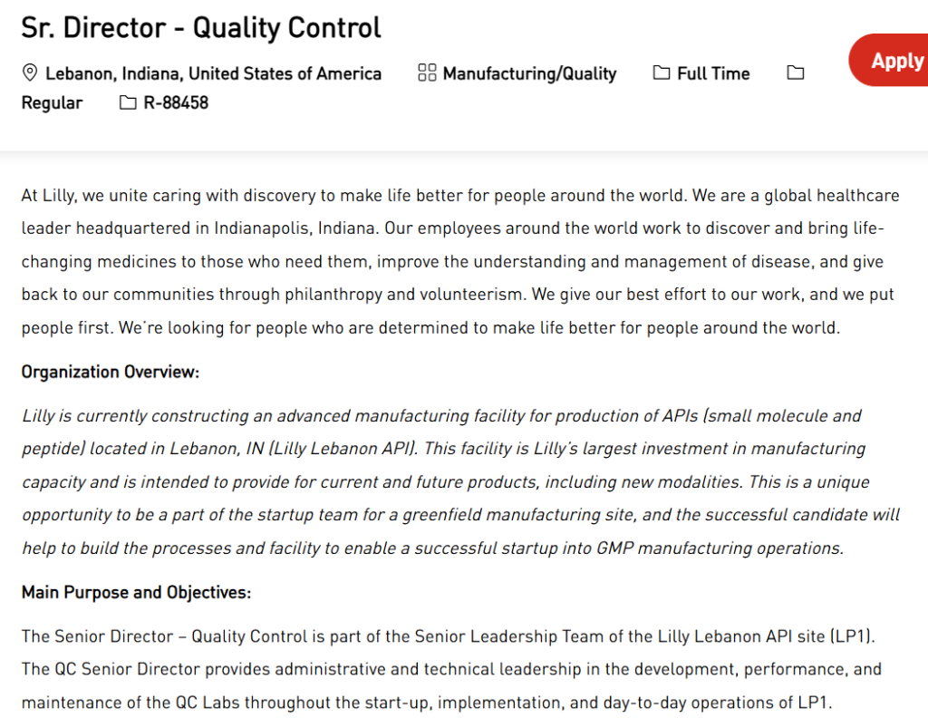 Lilly is Hiring for Senior Director – Quality Control | $151,500–$222,200 LPA