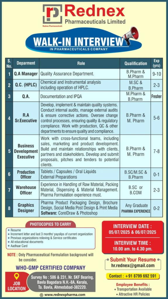 Rednex Pharmaceuticals Walk-In Interview – Hiring for Multiple Roles (5th & 6th July 2025)