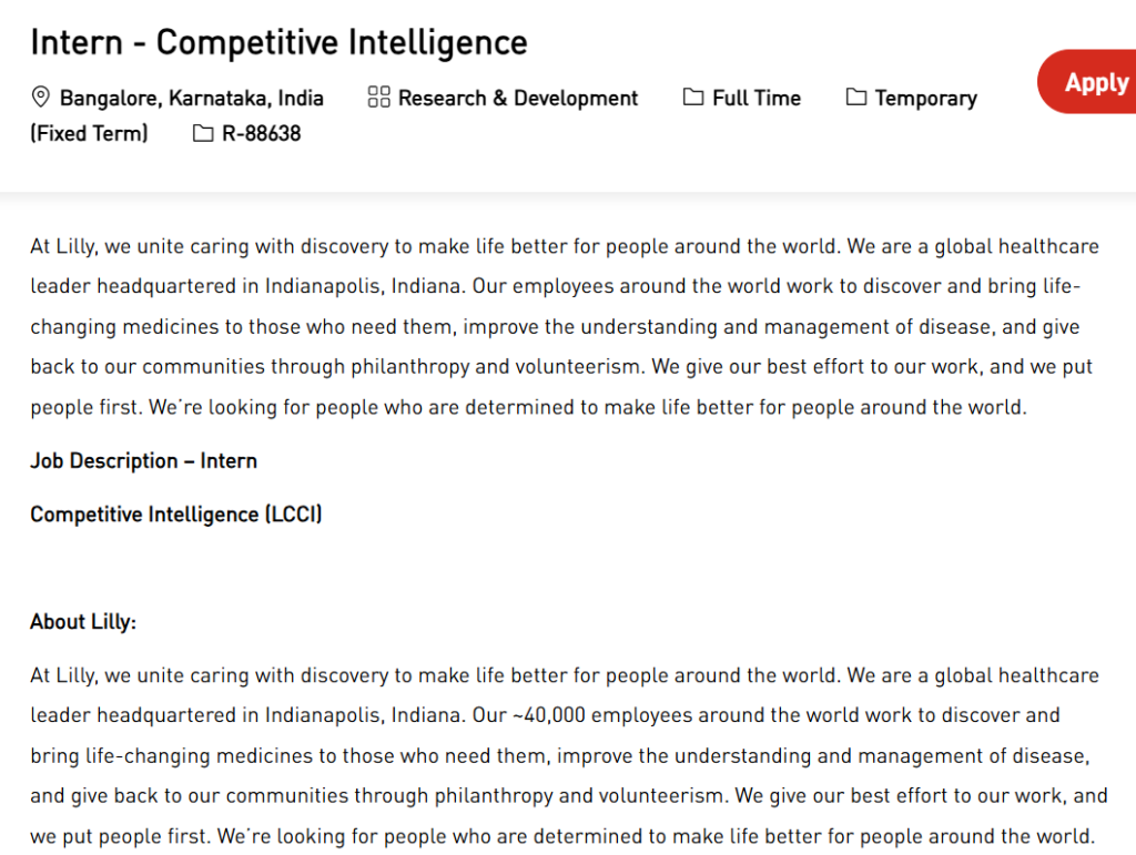Eli Lilly Internship Opportunity – Competitive Intelligence (LCCI), Bangalore