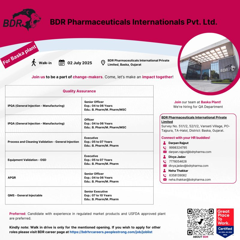 BDR Pharmaceuticals Walk-In Interview for Quality Assurance (IPQA) Roles – July 2, 2025