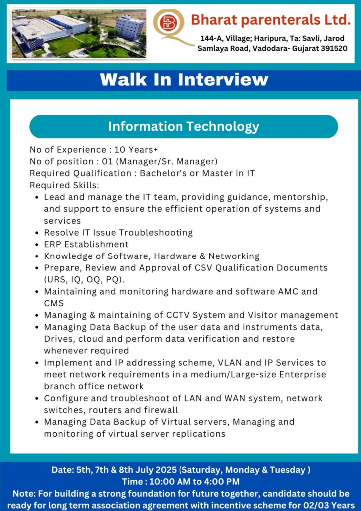 Bharat Parenterals Walk-In Interview for QA, QC & Regulatory Affairs Job Roles - 5th, 7th & 8th July 2025