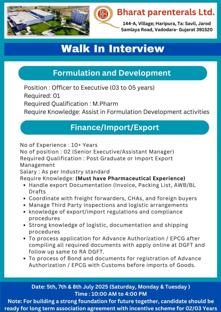 Bharat Parenterals Walk-In Interview for QA, QC & Regulatory Affairs Job Roles - 5th, 7th & 8th July 2025