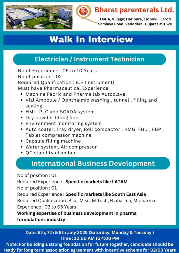 Bharat Parenterals Walk-In Interview for QA, QC & Regulatory Affairs Job Roles - 5th, 7th & 8th July 2025