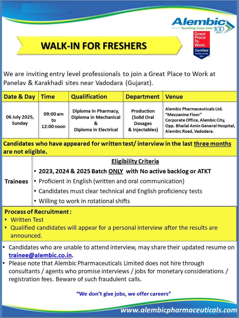 Alembic Pharmaceuticals Walk-In Interview for Freshers on 6th July