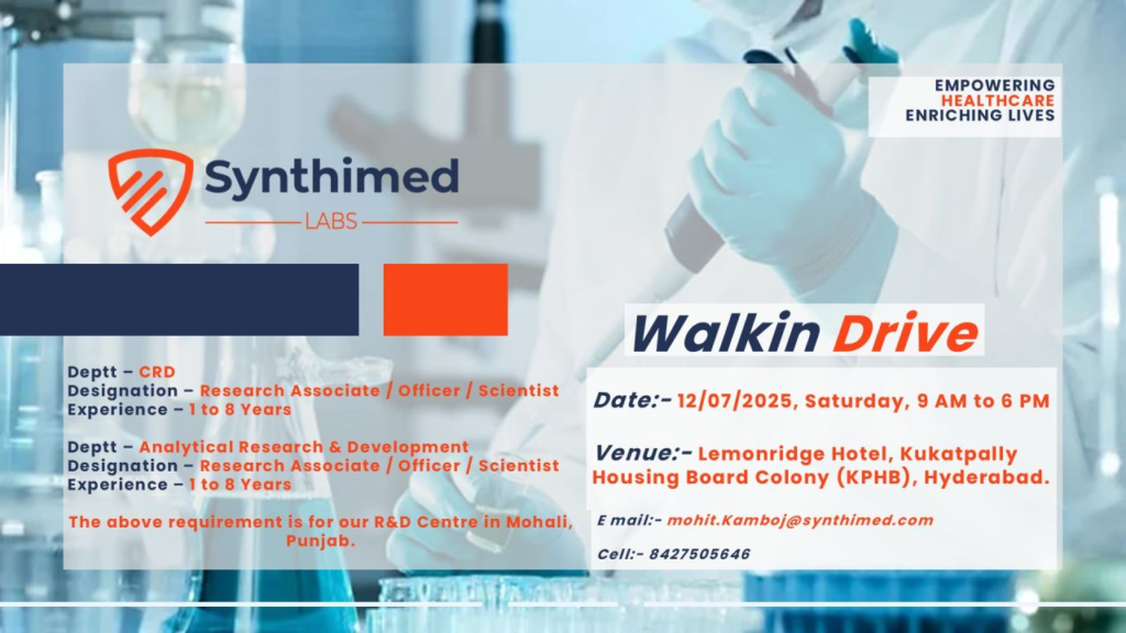 Synthimed Labs Walk-In Drive for CRD and Analytical R&D on 12th July