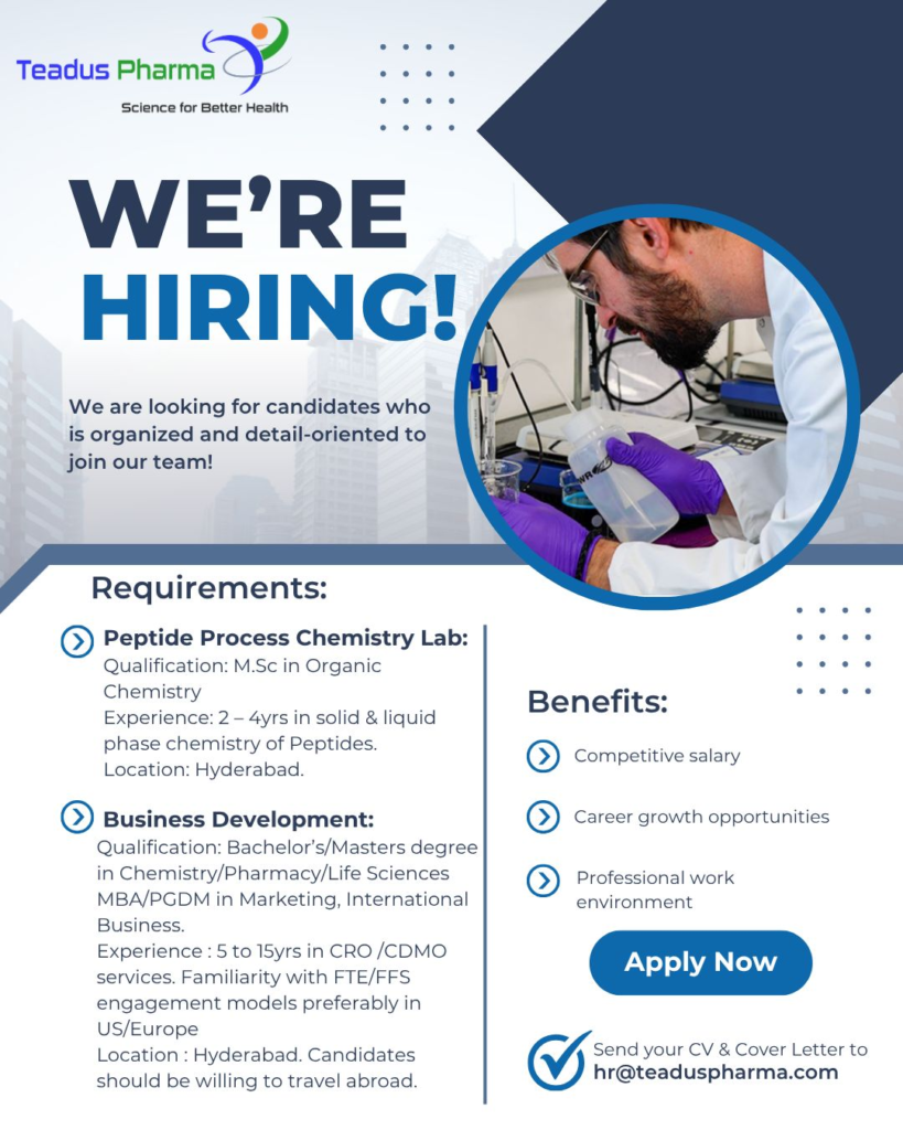 Teadus Pharma - Job Openings for Research Associate & Scientist in Peptide Process Chemistry Lab