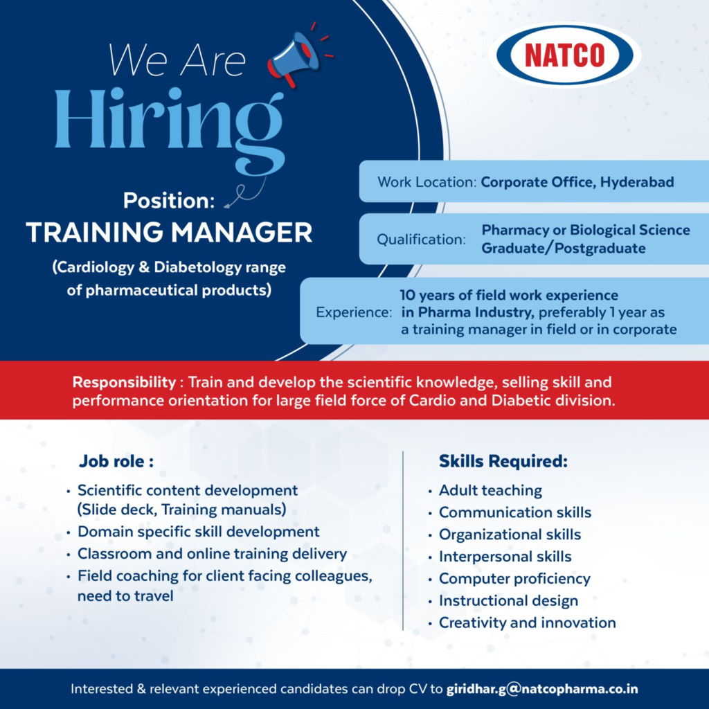 Natco Pharma is Hiring Training Manager for Cardiology & Diabetology Division