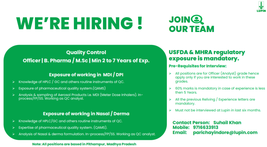 Lupin Limited is Hiring for Quality Control Officer in Pithampur, Madhya Pradesh