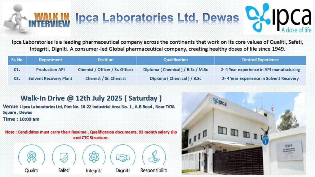 Ipca Laboratories Walk-In Interview for Production API & Solvent Recovery Plant Roles on 12th July
