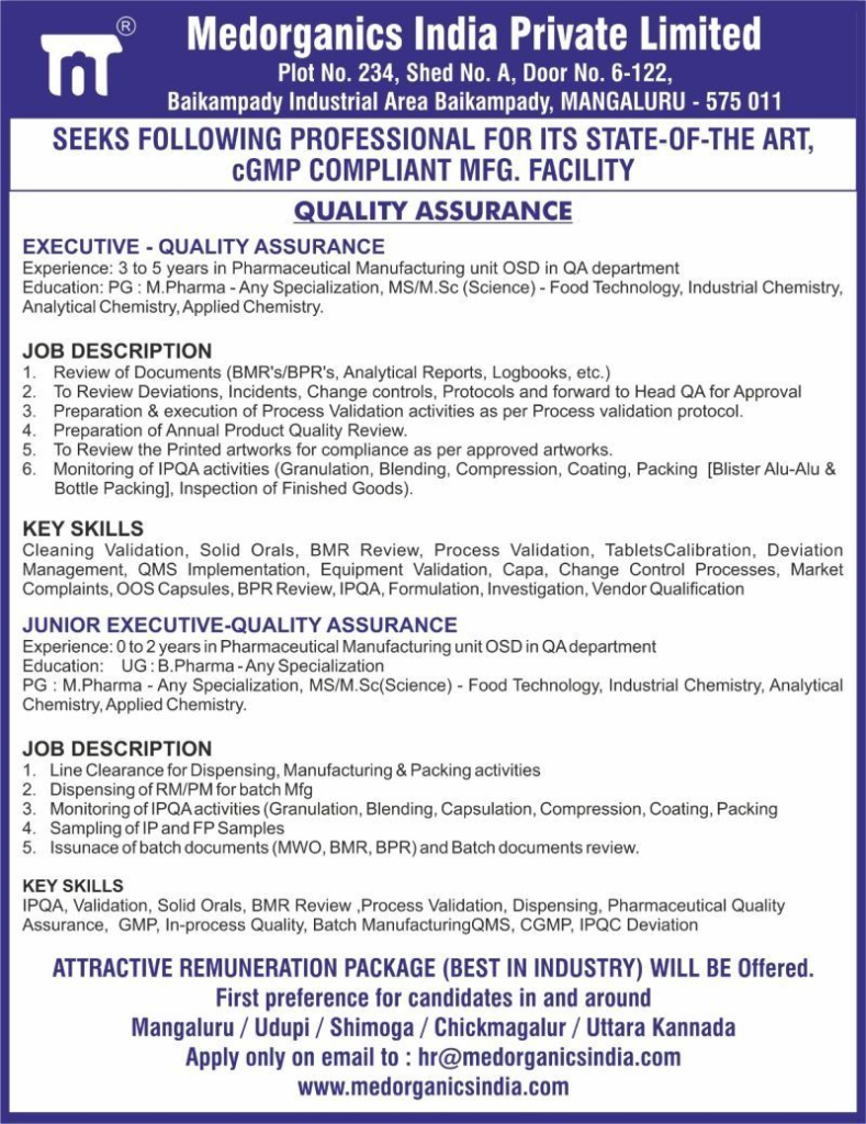 Freshers Jobs @ Medorganics India - Job Openings for Quality Assurance Opportunities in Mangaluru