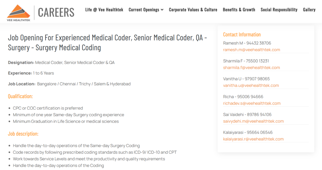 Vee Healthtek is Hiring for Medical Coder, Senior Medical Coder, and QA Opportunities in Same-Day Surgery Coding