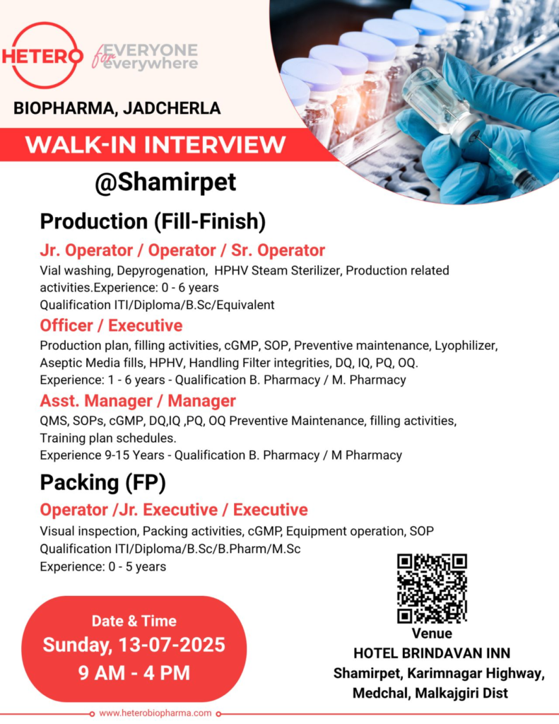 Hetero Biopharma Walk-In Interview for Production (Fill-Finish) & Packing Roles on 13th July